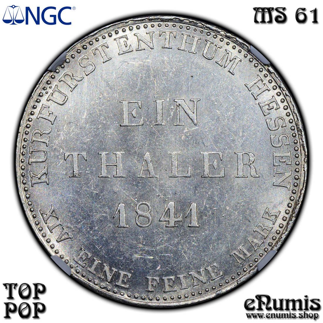 Germany, Hesse Cassel, Wilhelm II and Friedrich Wilhelm, Taler 1841, Top Pop, NGC MS 61