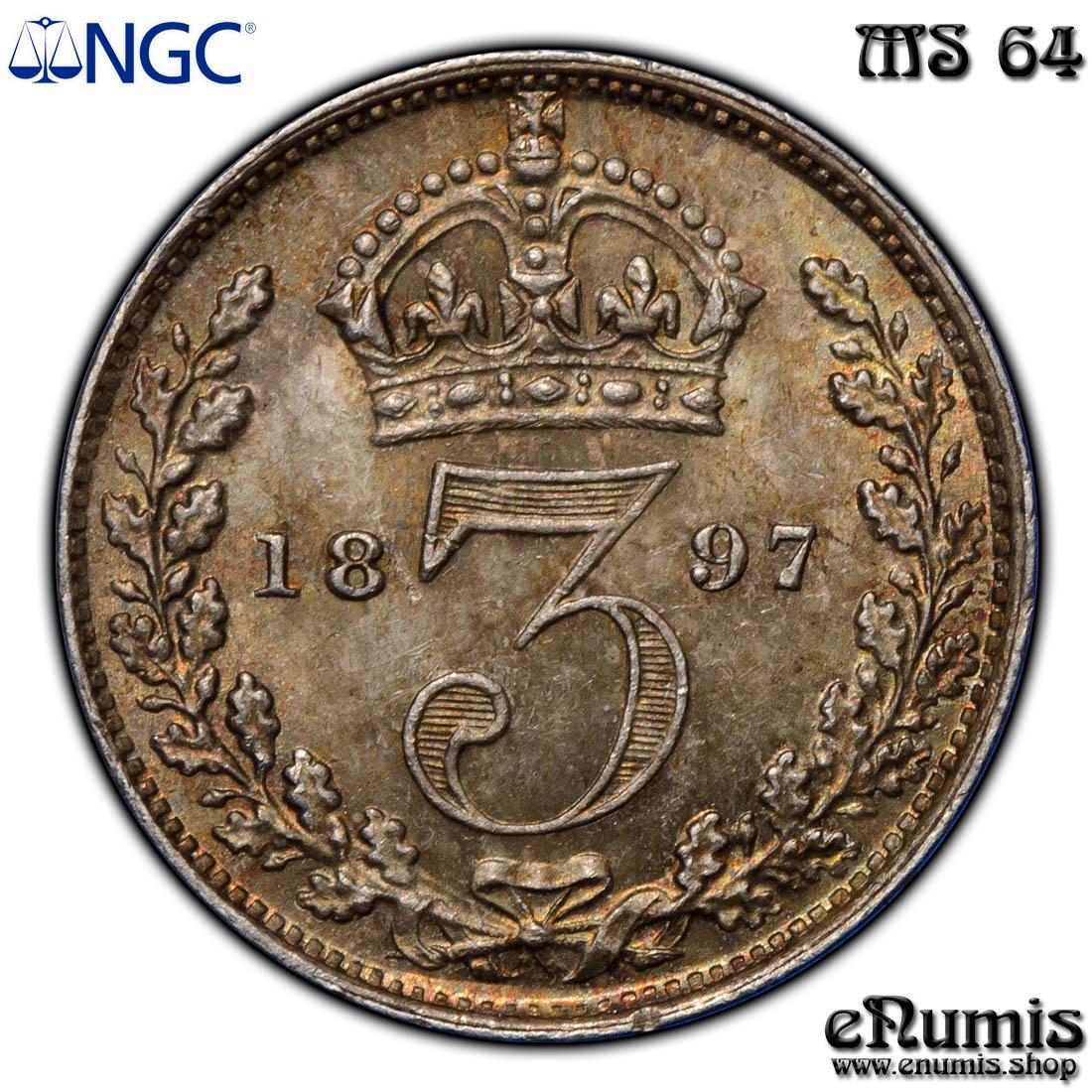 Great Britain, Victoria, 3 Pence 1897, toned, NGC MS 64