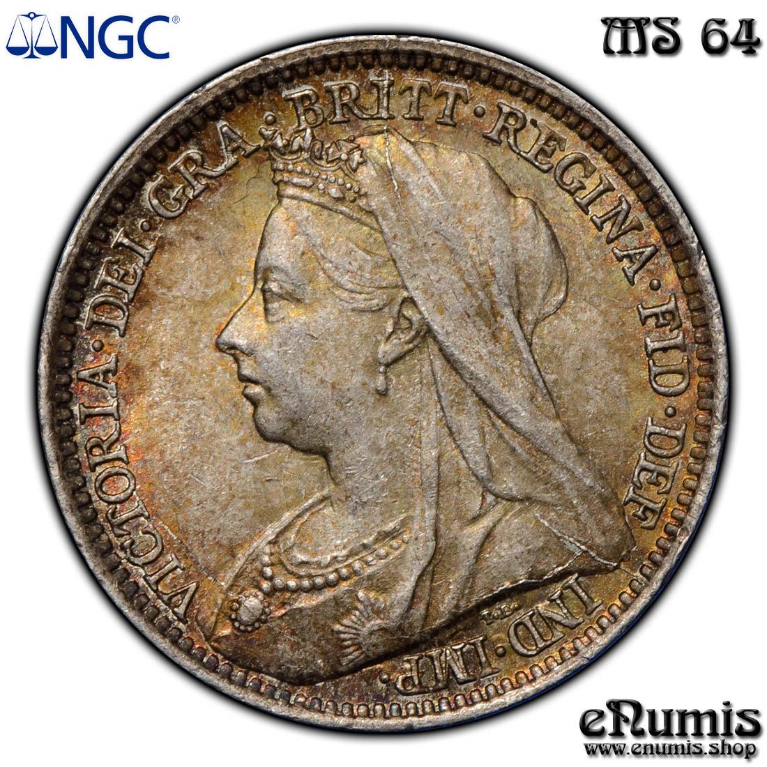 Great Britain, Victoria, 3 Pence 1897, toned, NGC MS 64