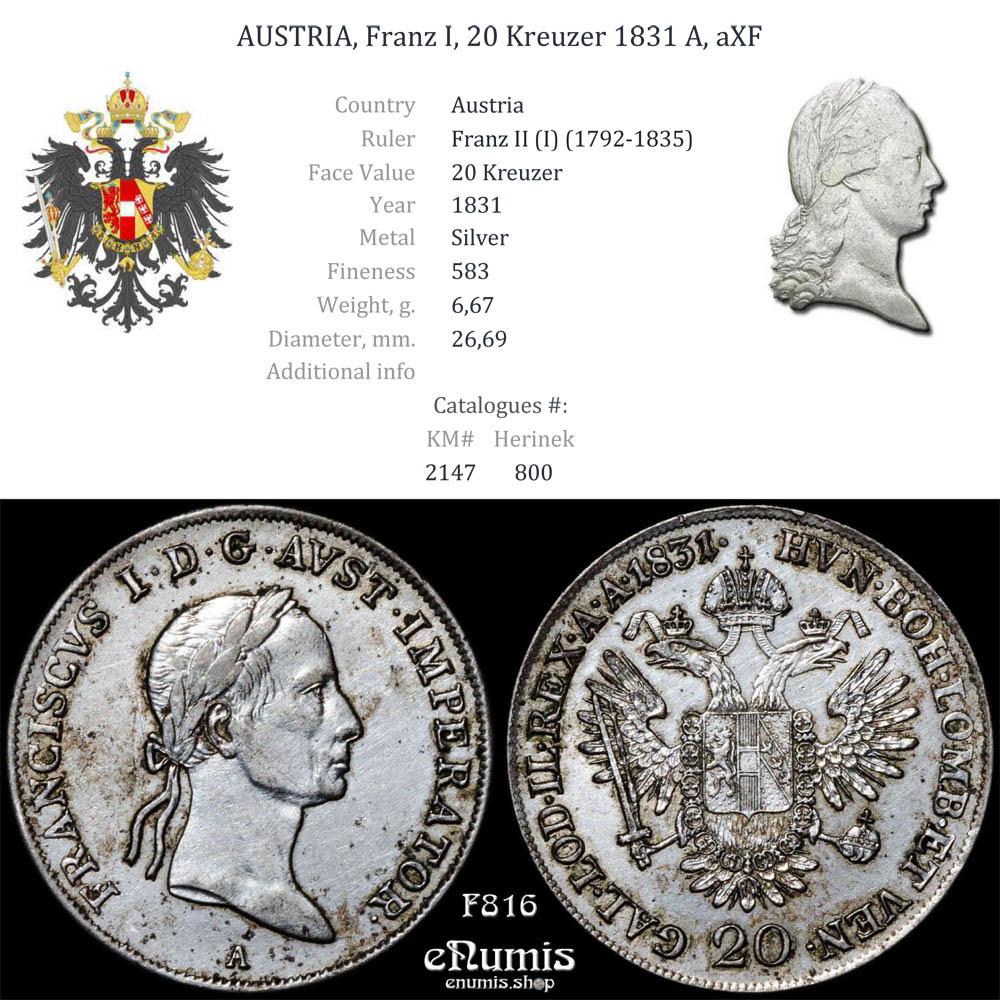 AUSTRIA, Franz I, 20 Kreuzer 1831 A, aXF