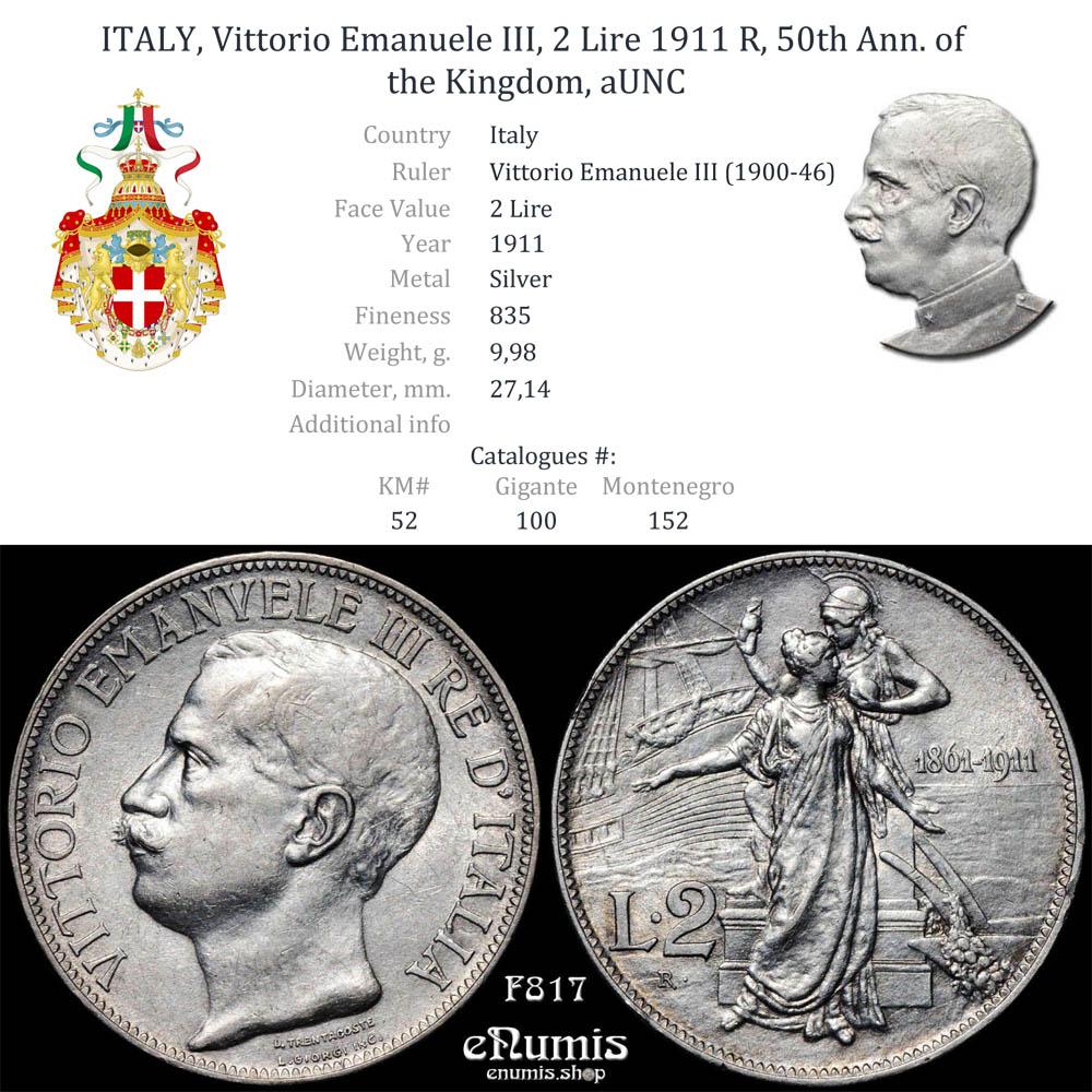 ITALY, Vittorio Emanuele III, 2 Lire 1911 R, 50th Ann. of the Kingdom, aUNC