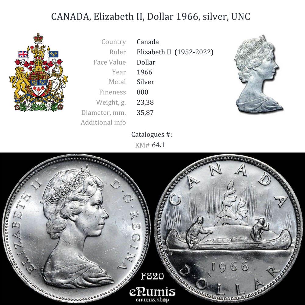 CANADA, Elizabeth II, Dollar 1966, silver, UNC