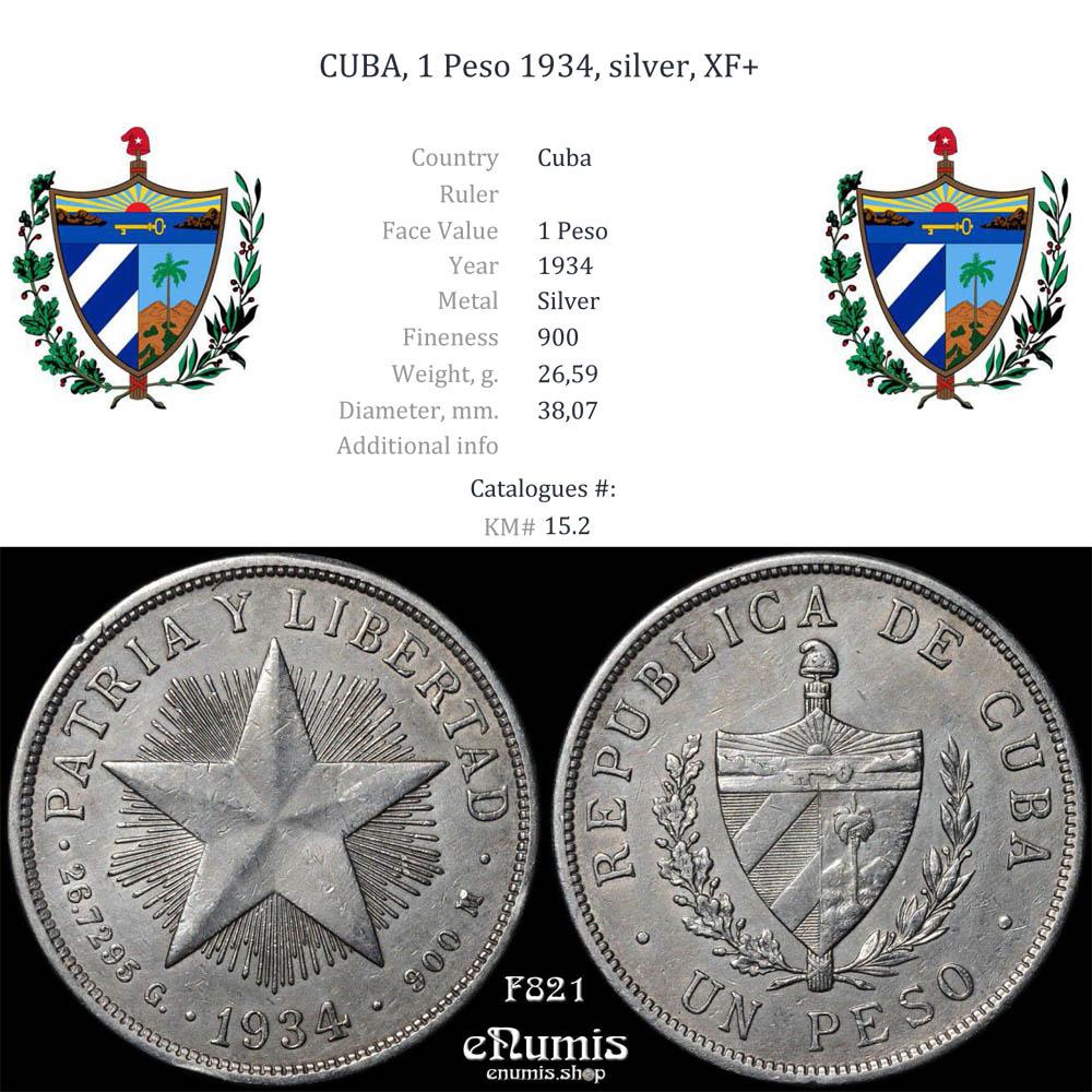 CUBA, 1 Peso 1934, silver, XF+