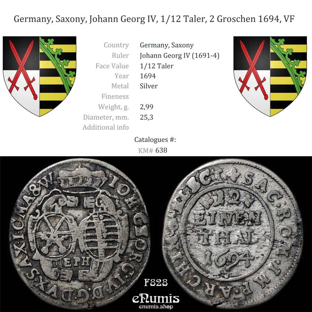 Germany, Saxony, Johann Georg IV, 1/12 Taler, 2 Groschen 1694, VF