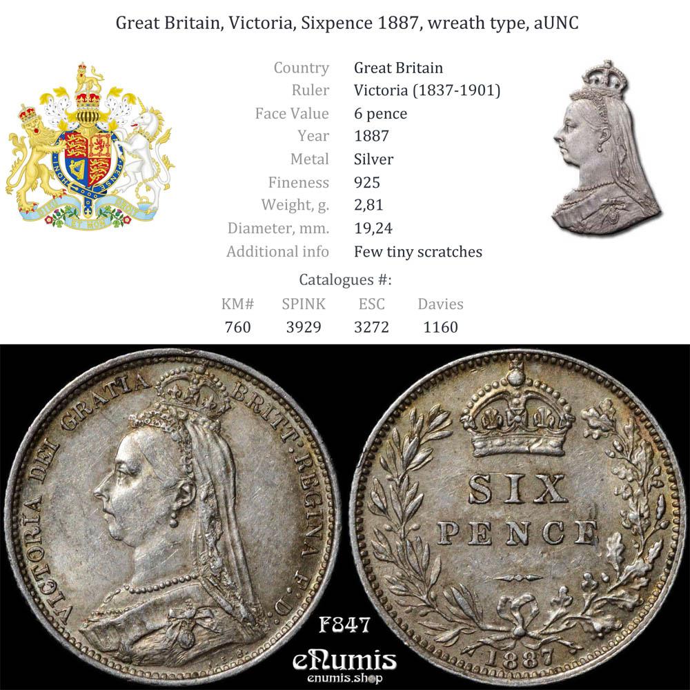 Great Britain, Victoria, Sixpence 1887, wreath type, aUNC Great Britain, Victoria, Sixpence 1887, wreath type, aUNC
