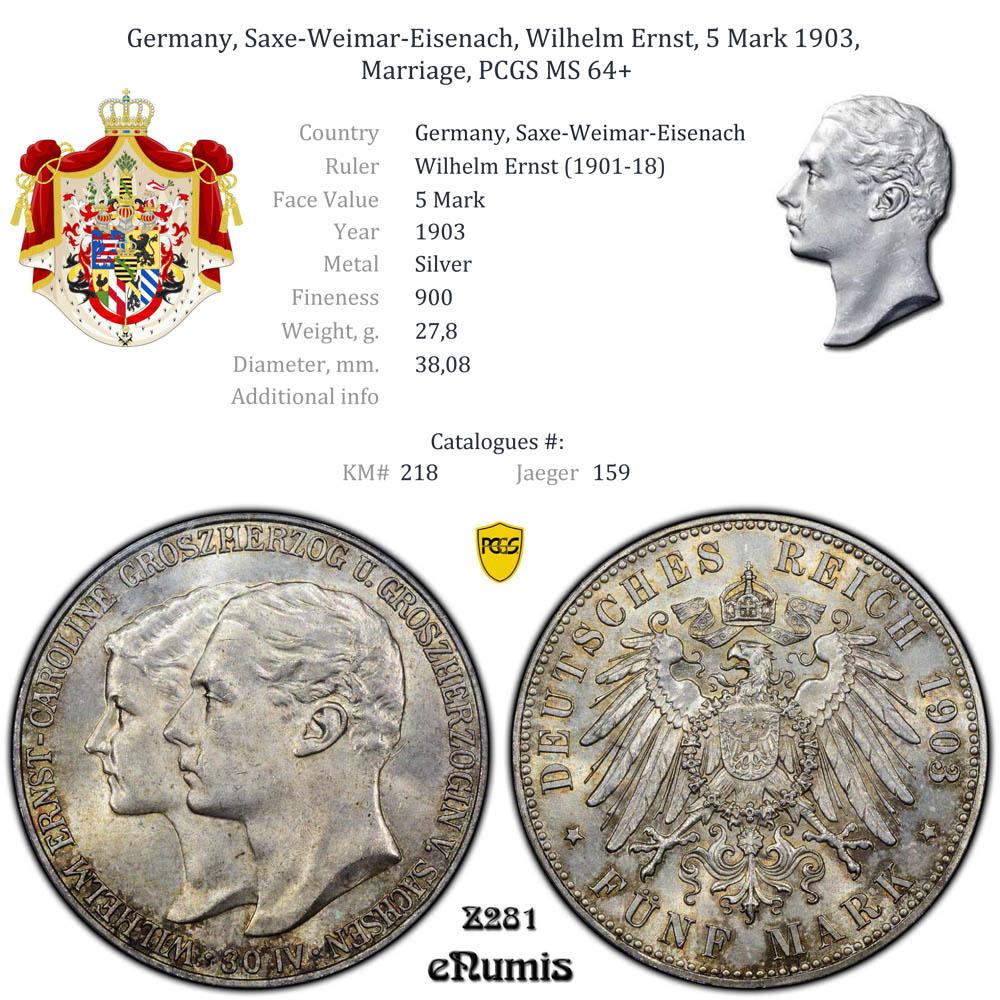 Saxe-Weimar-Eisenach, Wilhelm Ernst, 5 Mark 1903, Marriage, PCGS MS 64+ Saxe-Weimar-Eisenach, Wilhelm Ernst, 5 Mark 1903, Marriage, PCGS MS 64+