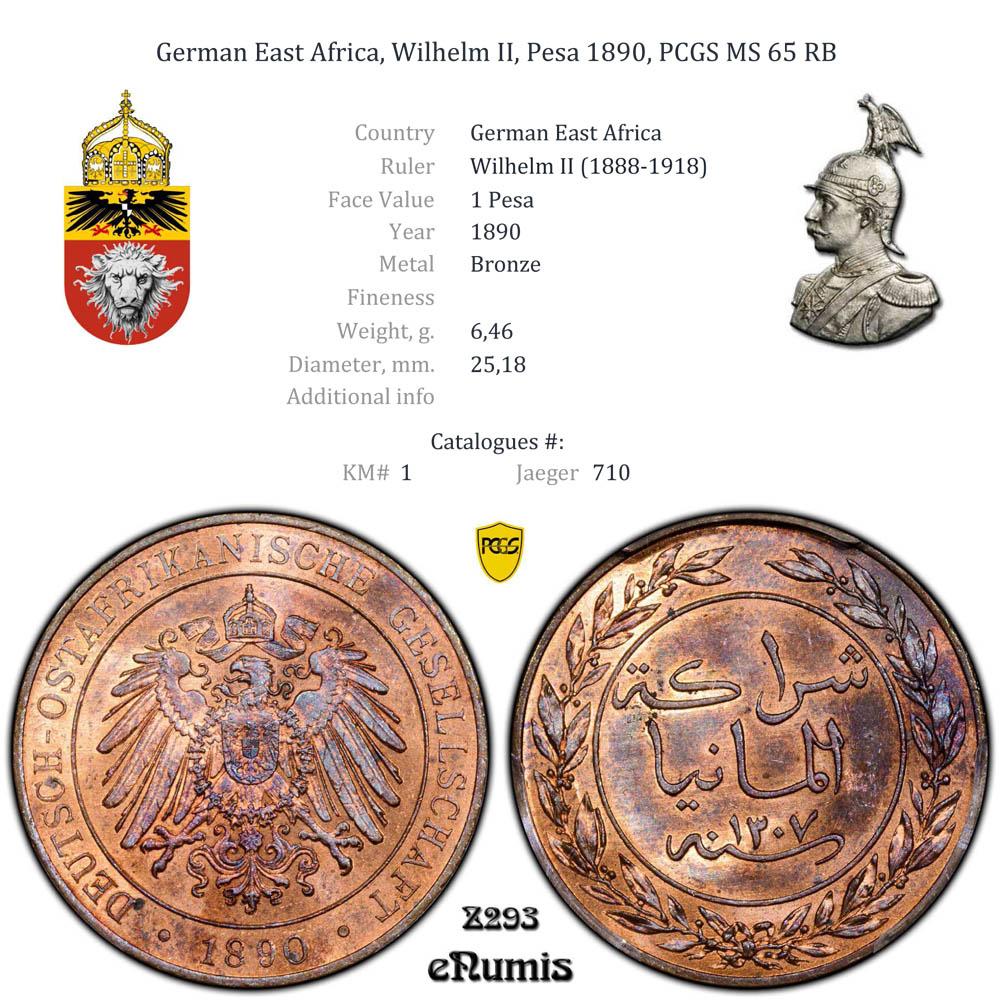 German East Africa, Wilhelm II, Pesa 1890, PCGS MS 65 RB