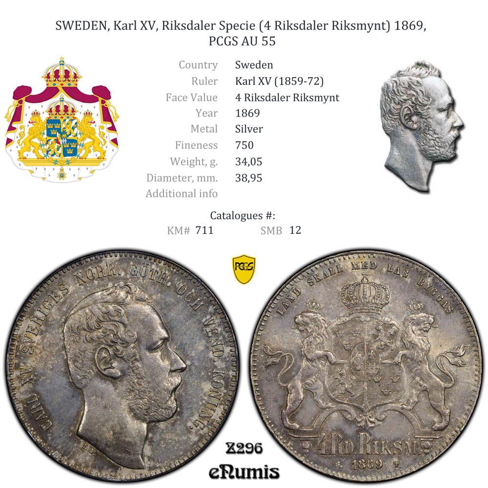 SWEDEN, Karl XV, Riksdaler Specie (4 Riksdaler Riksmynt) 1869, PCGS AU 55