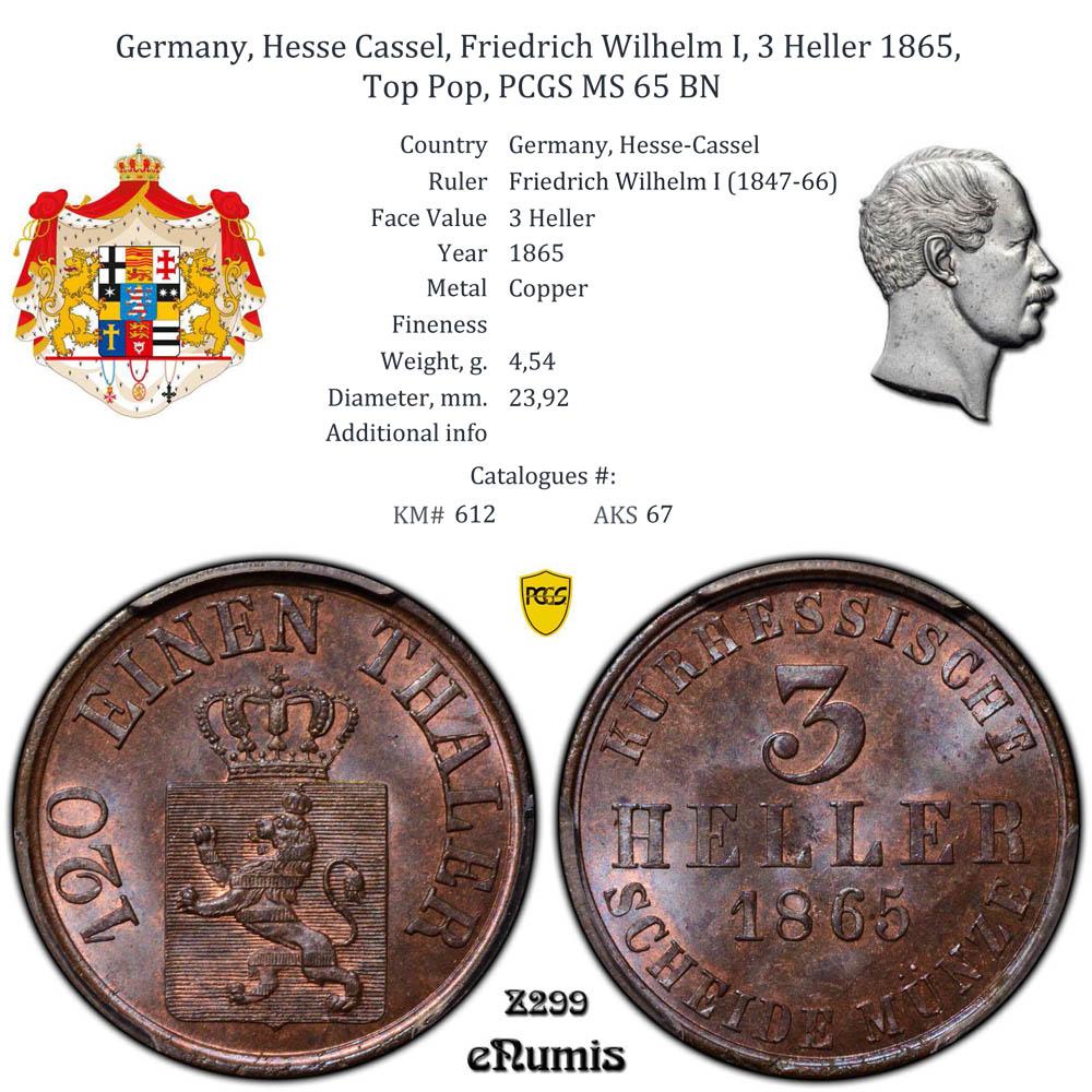 Germany, Hesse Cassel, Friedrich Wilhelm I, 3 Heller 1865, Top Pop, PCGS MS 65 BN