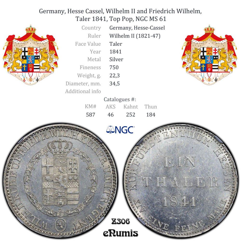 Germany, Hesse Cassel, Wilhelm II and Friedrich Wilhelm, Taler 1841, Top Pop, NGC MS 61