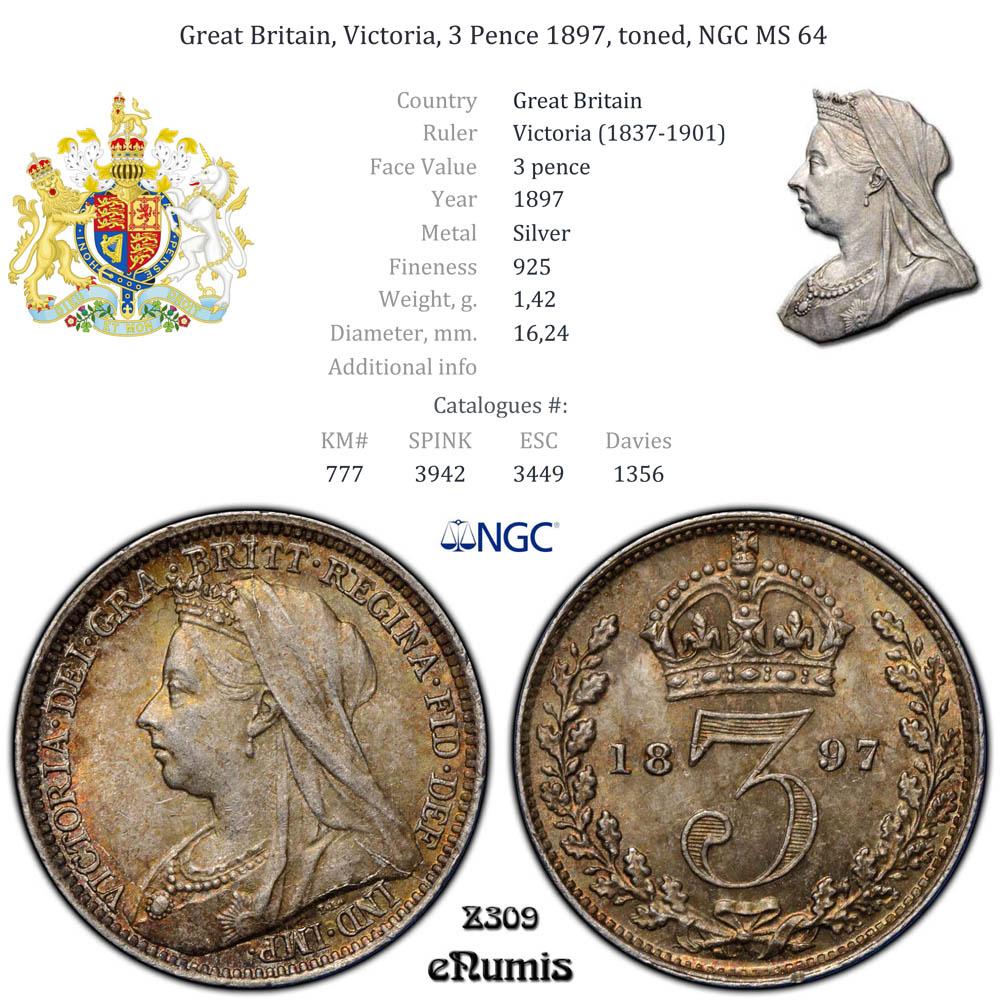 Great Britain, Victoria, 3 Pence 1897, toned, NGC MS 64