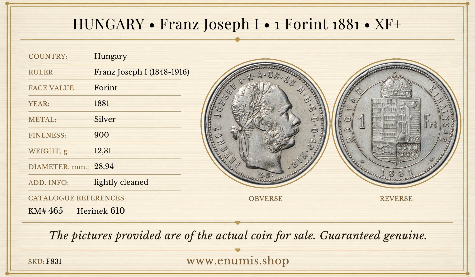 HUNGARY, Franz Joseph I, 1 Forint 1881, XF+ HUNGARY, Franz Joseph I, 1 Forint 1881, XF+