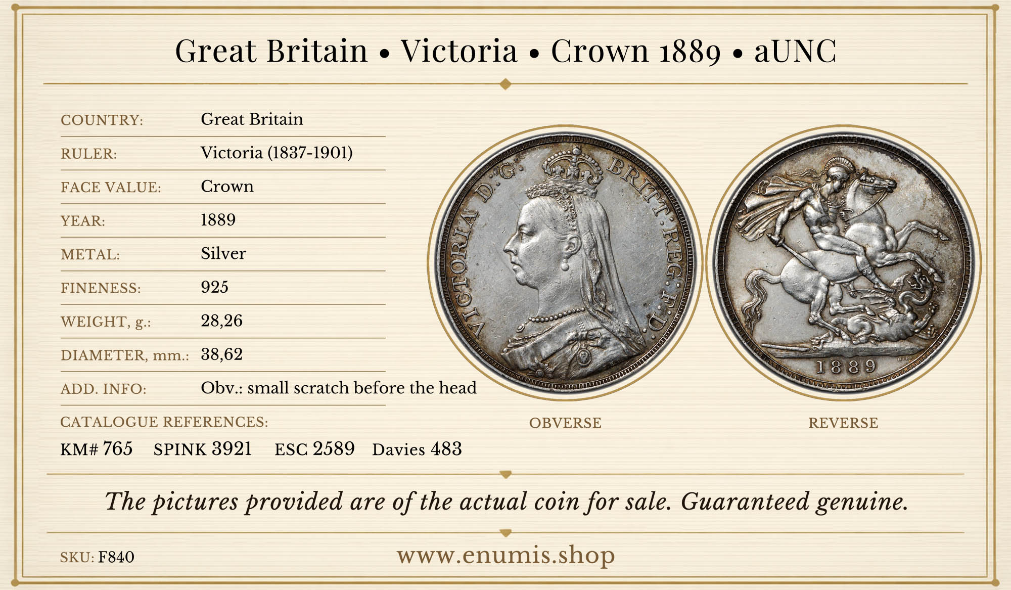 Great Britain, Victoria, Crown 1889, aUNC