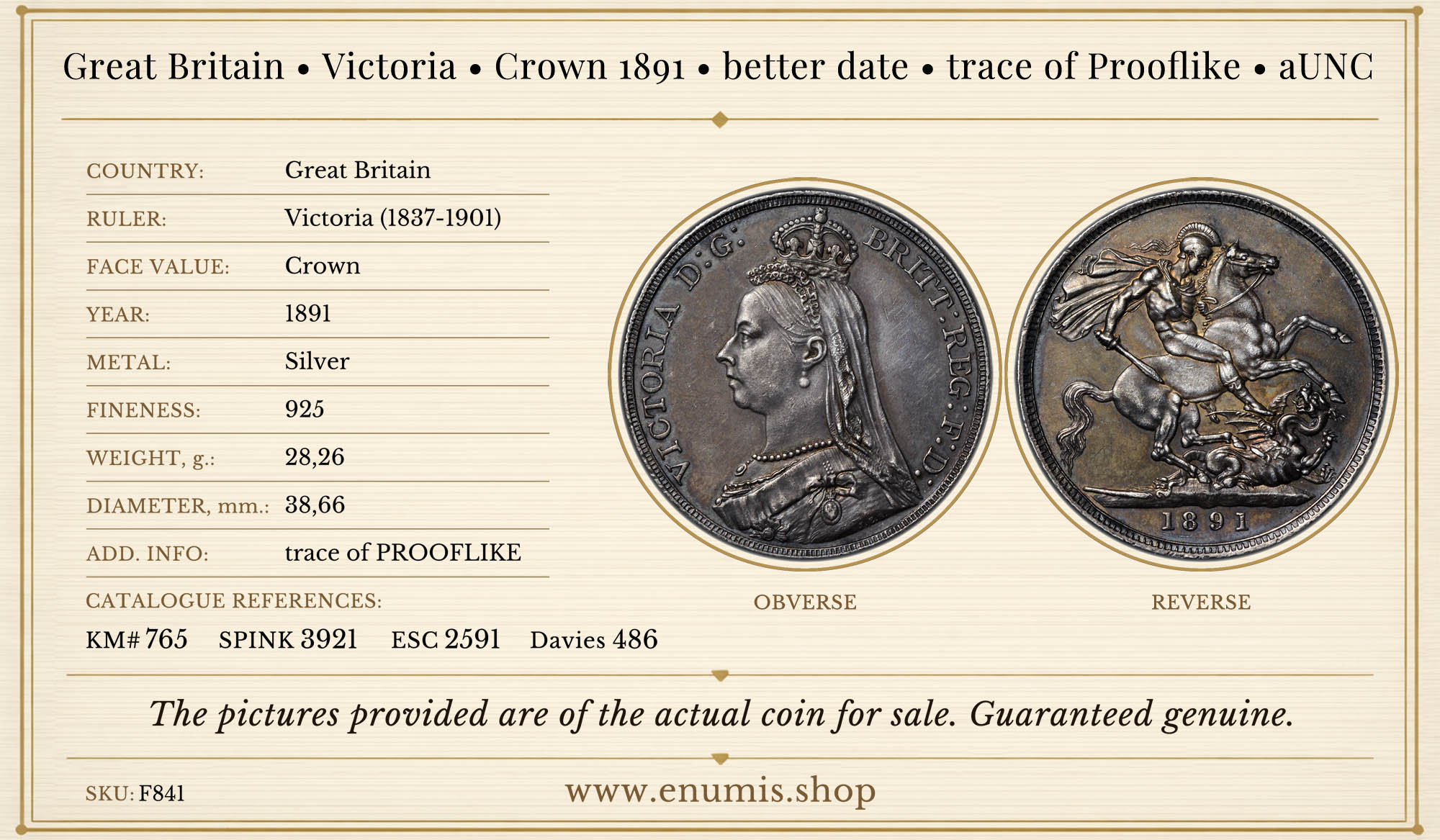Great Britain, Victoria, Crown 1891, better date, trace of Prooflike, aUNC Great Britain, Victoria, Crown 1891, better date, trace of Prooflike, aUNC