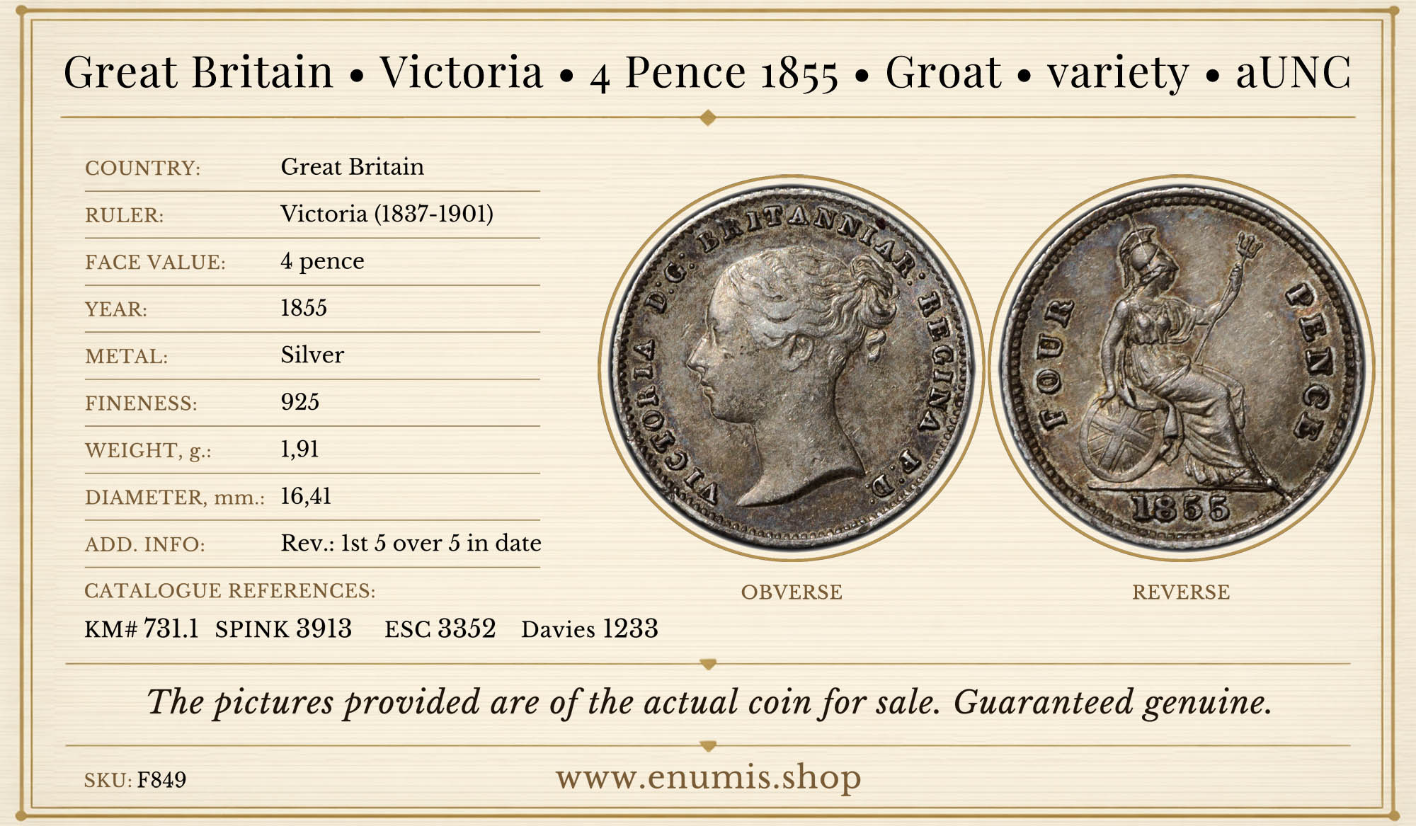 Great Britain, Victoria, 4 Pence 1855, Groat, variety, aUNC