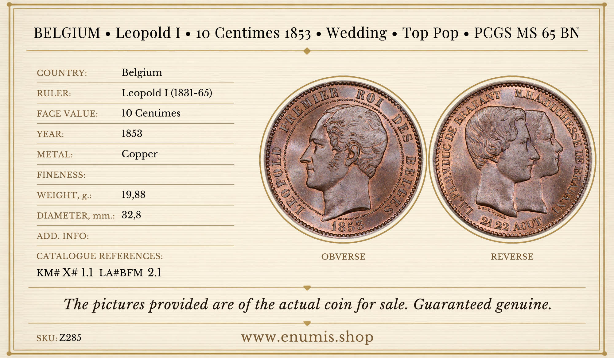 BELGIUM, Leopold I, 10 Centimes 1853, Wedding, Top Pop, PCGS MS 65 BN