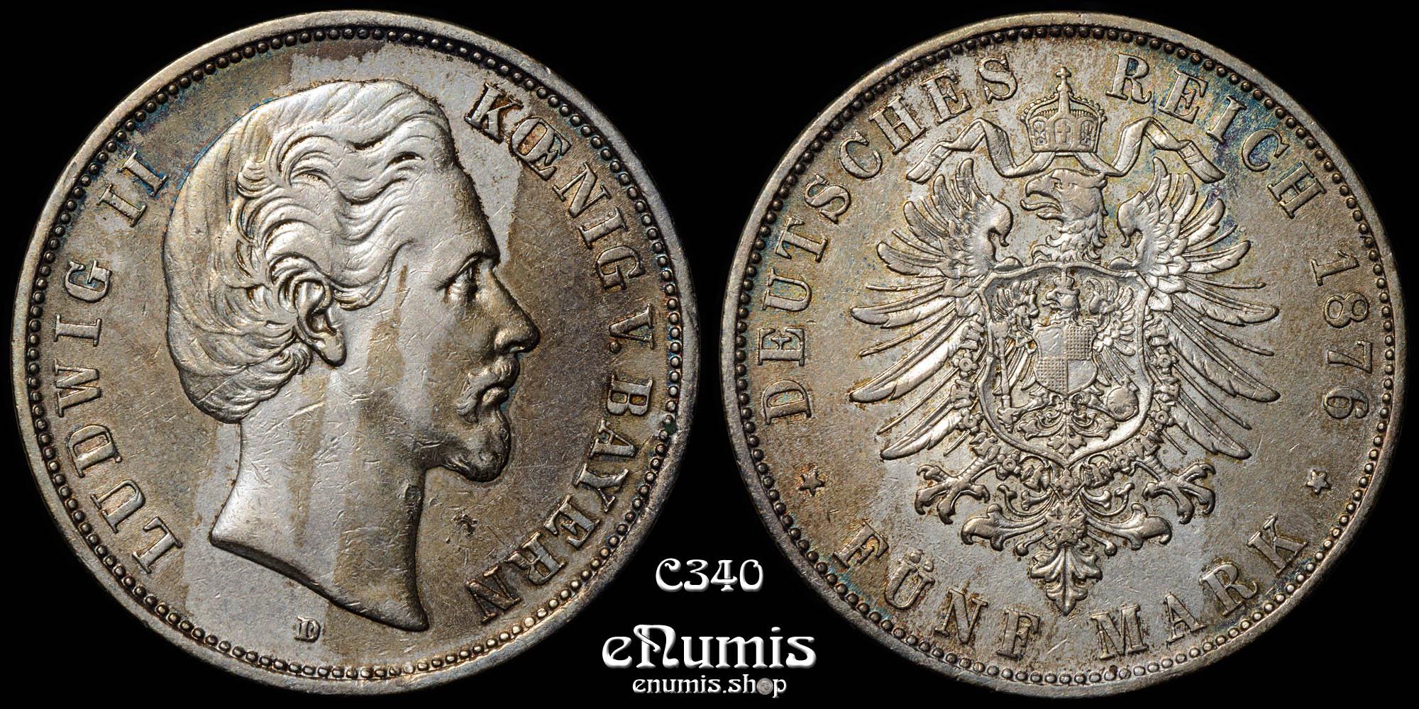 Germany, Bavaria, Ludwig II, 5 Mark 1876, aXF/XF