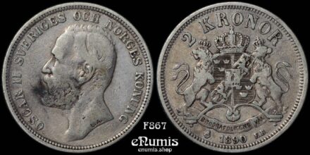 SWEDEN, Oscar II, 2 Kronor 1890, VF