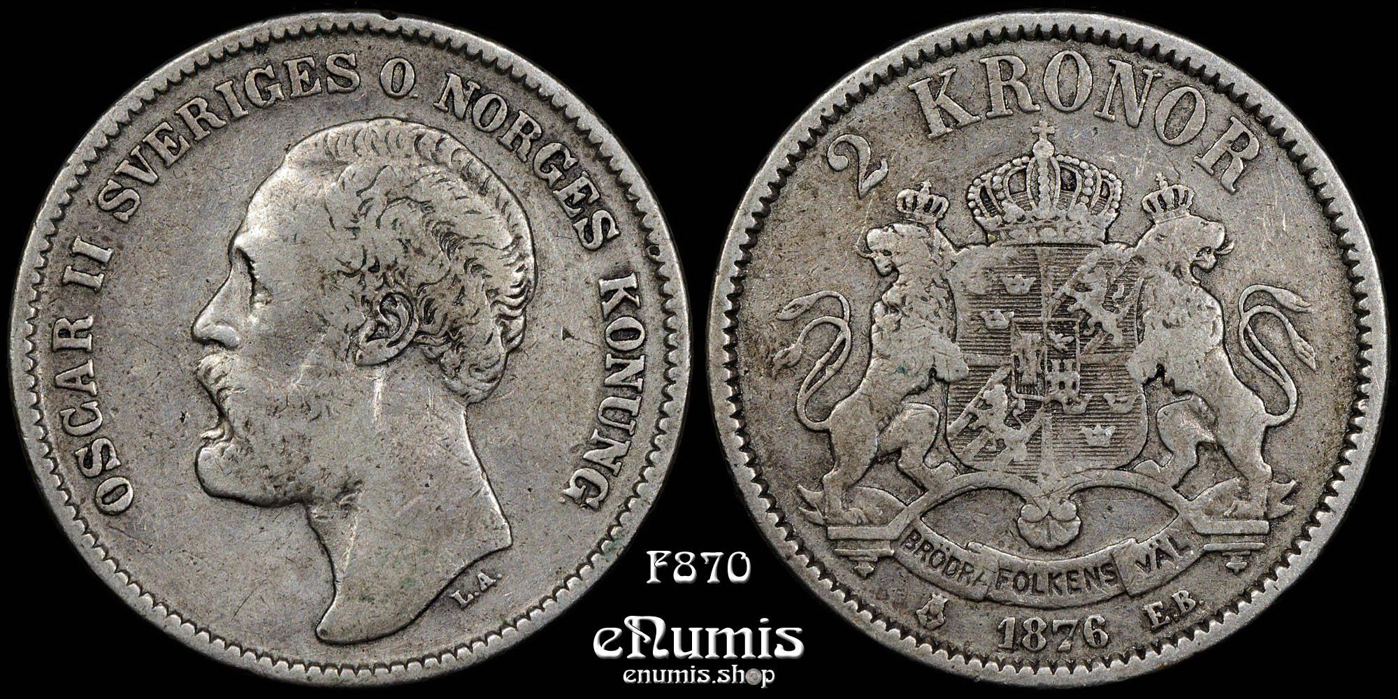 SWEDEN, Oscar II, 2 Kronor 1876, VF SWEDEN, Oscar II, 2 Kronor 1876, VF