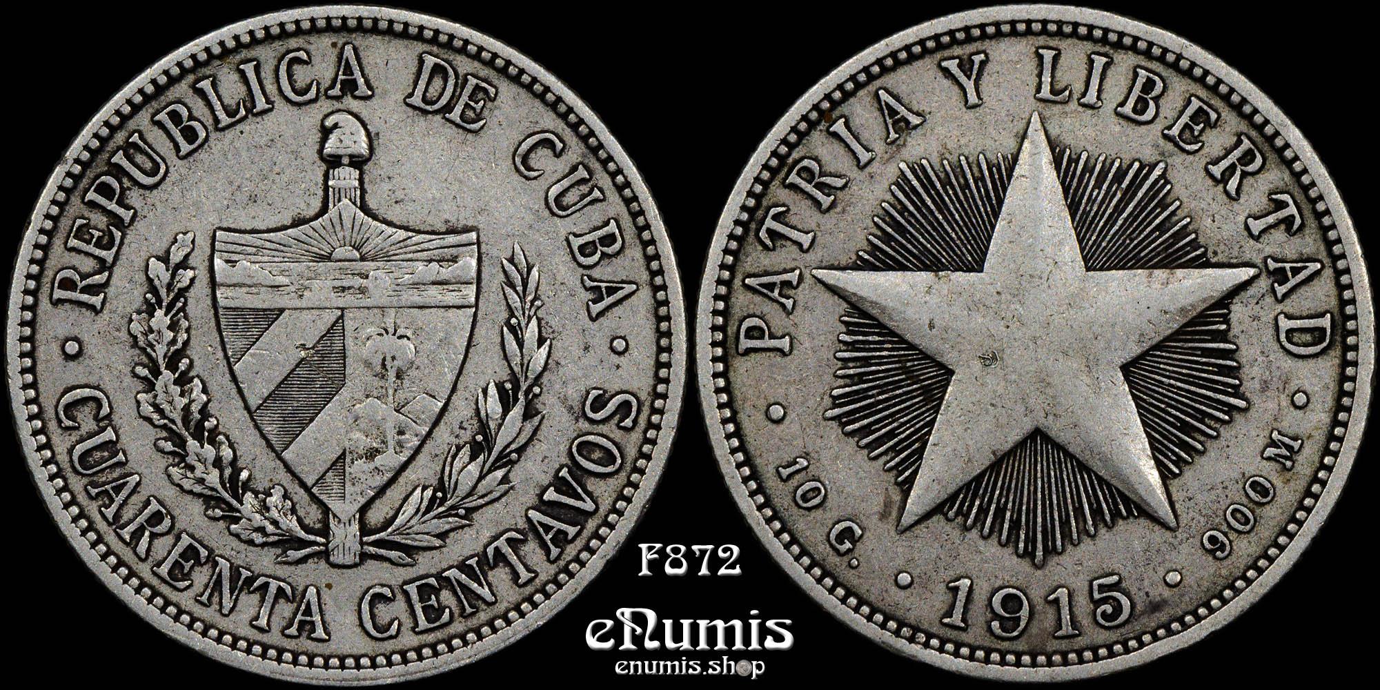 CUBA, 40 Centavos 1915, silver, VF+