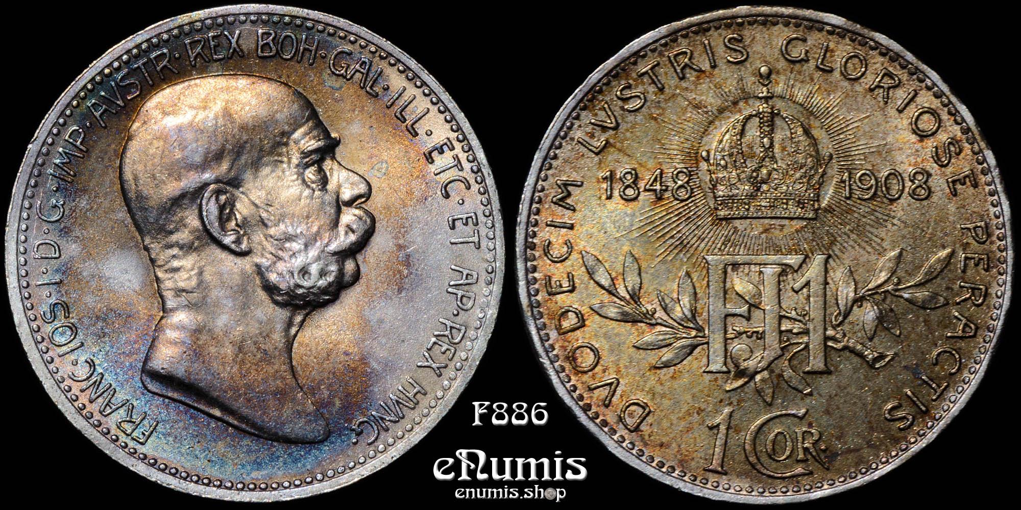 AUSTRIA, Franz Joseph I, 1 Corona 1908, 60th Anniversary of Reign, UNC
