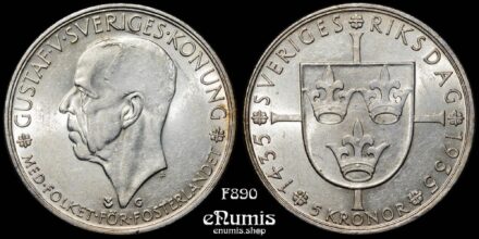 SWEDEN, Gustaf V, 5 Kronor 1935, 500th Anniversary of Riksdag, aUNC