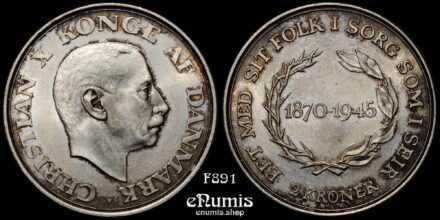 DENMARK, Christian X, 2 Kroner 1945, King’s 75th Birthday, UNC
