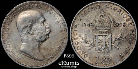 AUSTRIA, Franz Joseph I, 1 Corona 1908, 60th Anniversary of Reign, XF