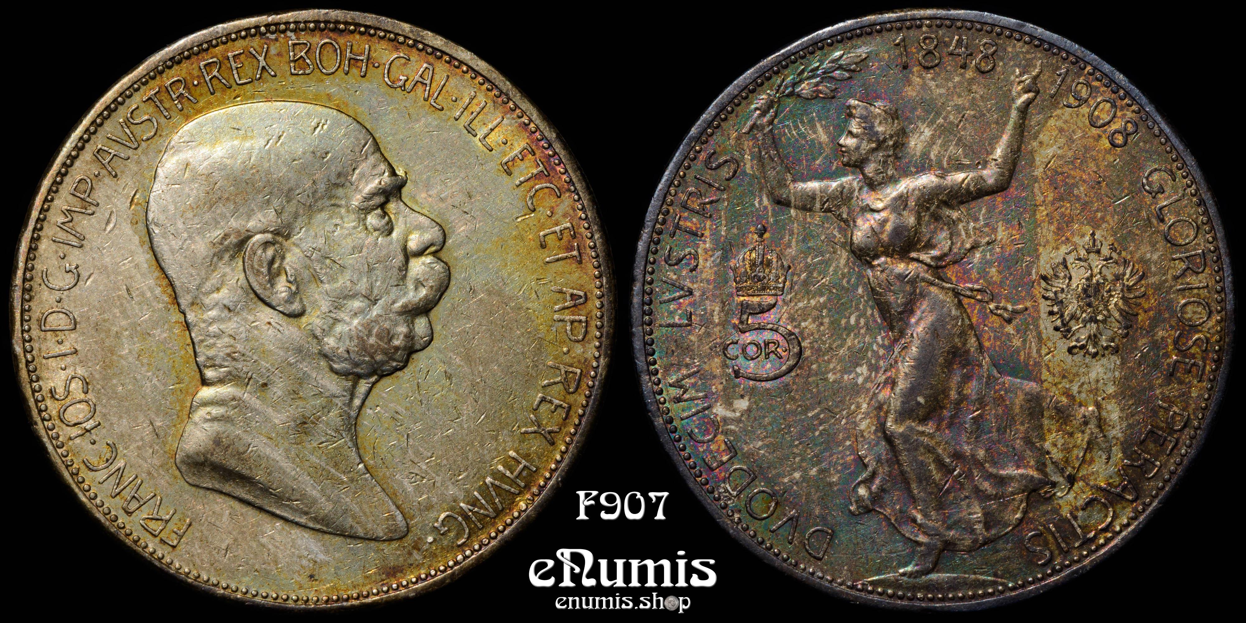 AUSTRIA, Franz Joseph I, 5 Corona 1908, 60th anniversary of reign, XF