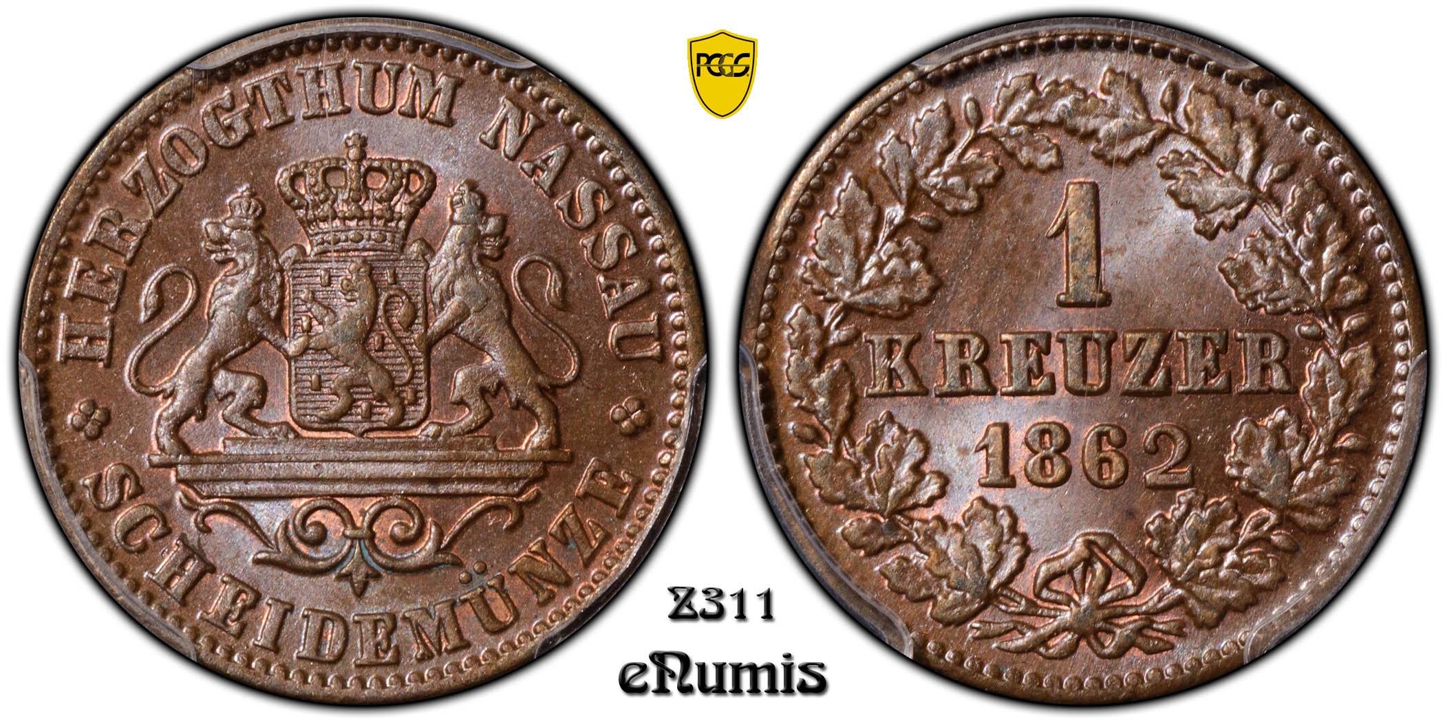 Germany, Nassau, Adolph, 1 Kreuzer 1862, Top Pop, PCGS MS 65 BN
