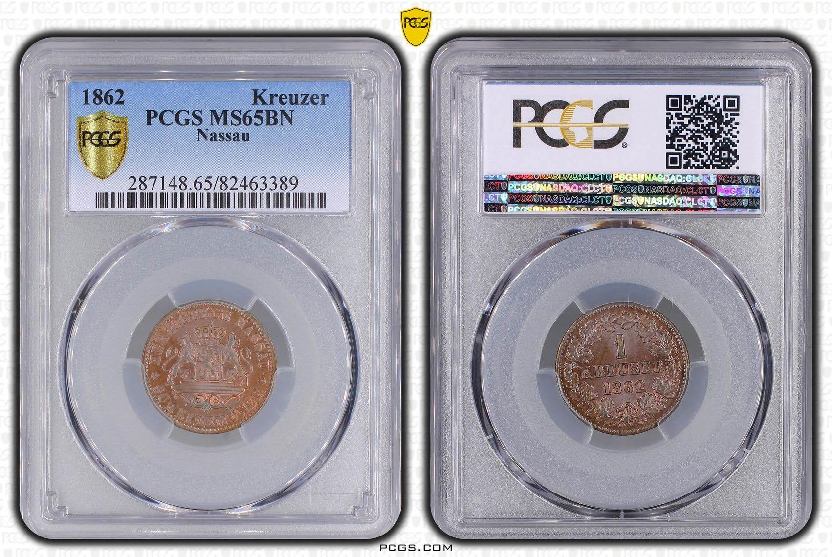 Germany, Nassau, Adolph, 1 Kreuzer 1862, Top Pop, PCGS MS 65 BN