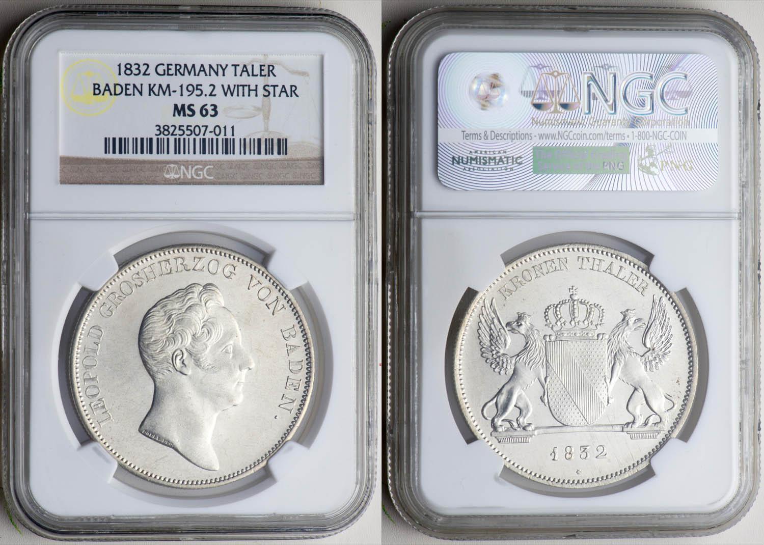 Germany, Baden, Leopold, Taler 1832, variant, NGC MS 63