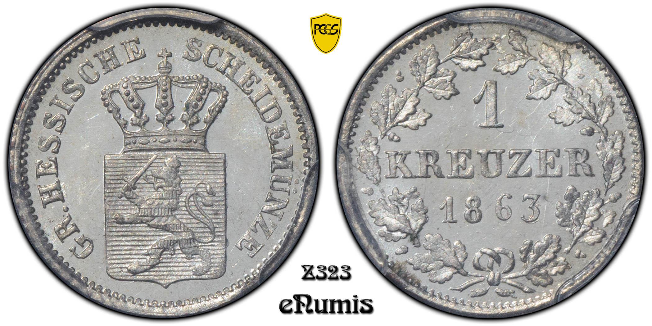 Germany, Hesse Darmstadt, Ludwig III, Kreuzer 1863, Top Pop, PCGS MS 66 Germany, Hesse Darmstadt, Ludwig III, Kreuzer 1863, Top Pop, PCGS MS 66
