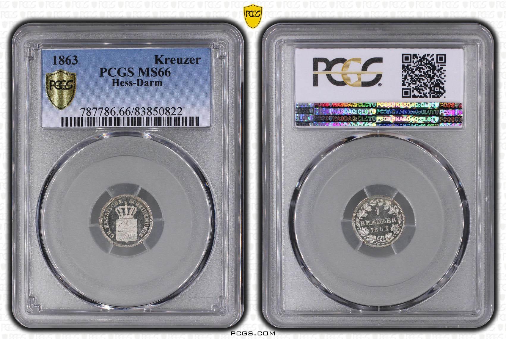 Germany, Hesse Darmstadt, Ludwig III, Kreuzer 1863, Top Pop, PCGS MS 66 Germany, Hesse Darmstadt, Ludwig III, Kreuzer 1863, Top Pop, PCGS MS 66