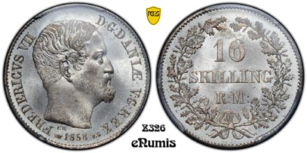 DENMARK, Frederick VII, 16 Skilling 1858, Top Pop, PCGS MS 66