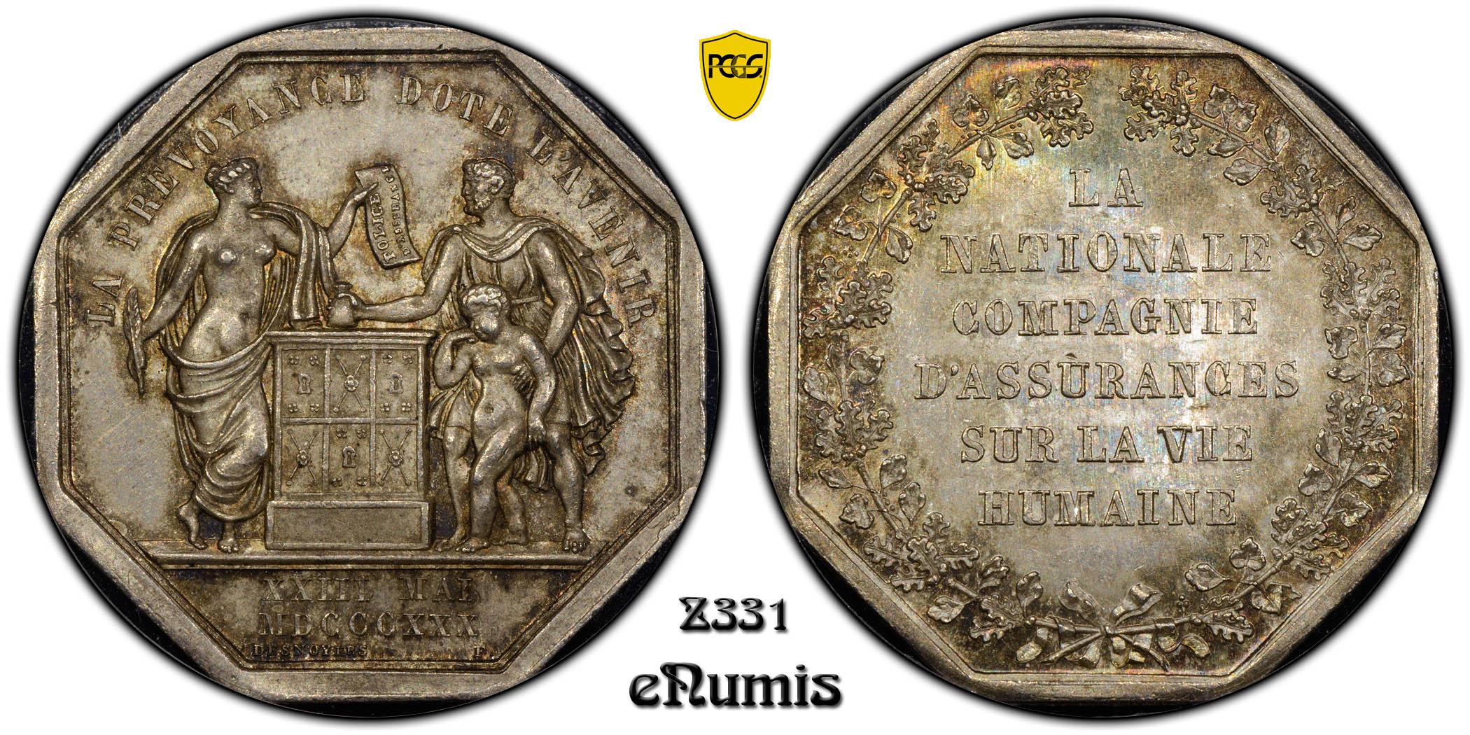 FRANCE, Octagonal Silver Jeton 1830, Compagnie d'Assurances, Top Pop, PCGS MS 64