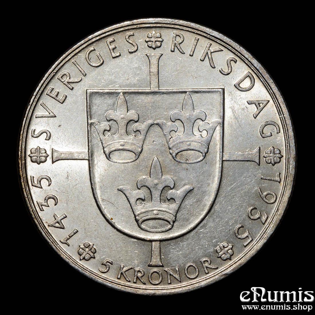 SWEDEN, Gustaf V, 5 Kronor 1935, 500th Anniversary of Riksdag, aUNC