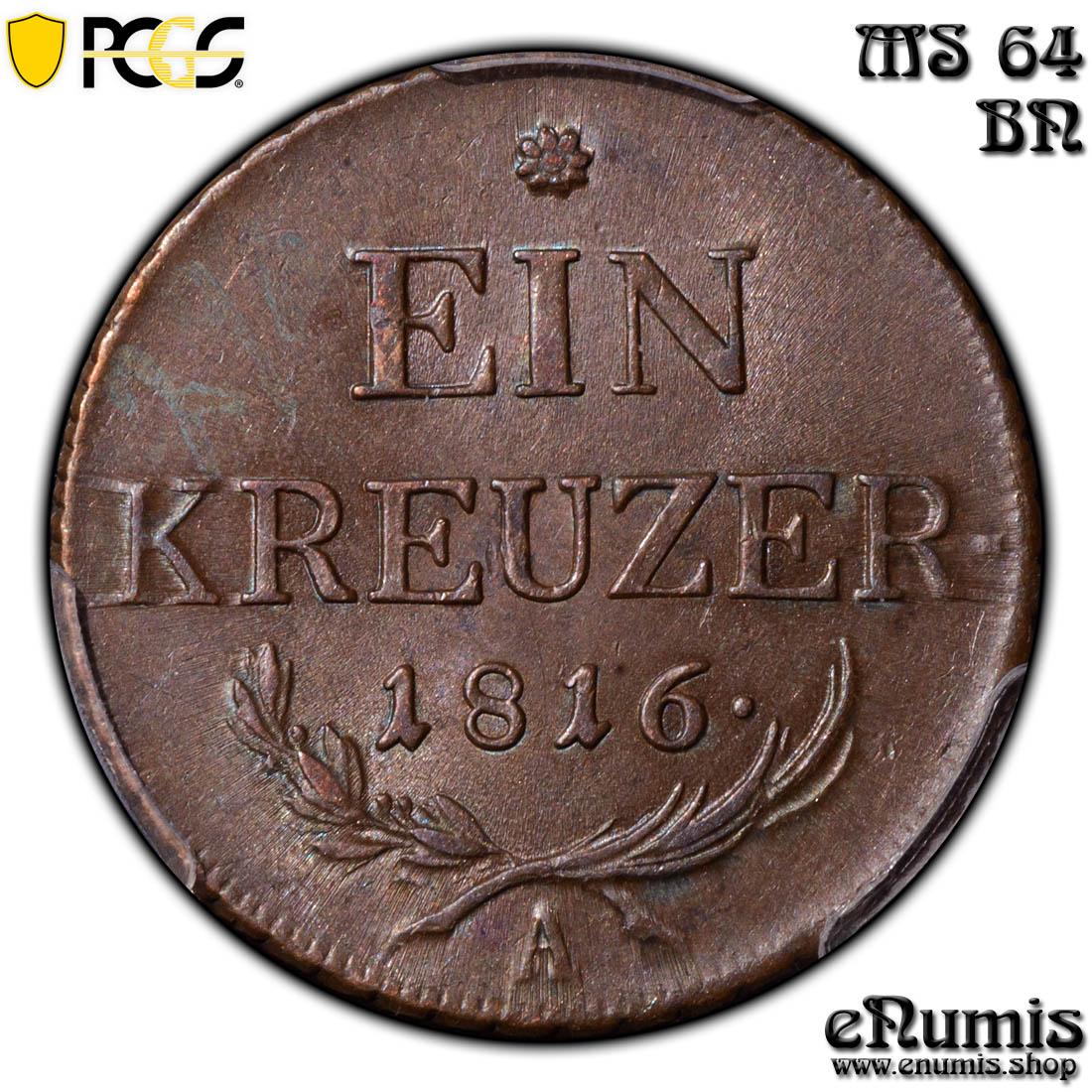 AUSTRIA, Franz I, 1 Kreuzer 1816, PCGS MS 64 BN