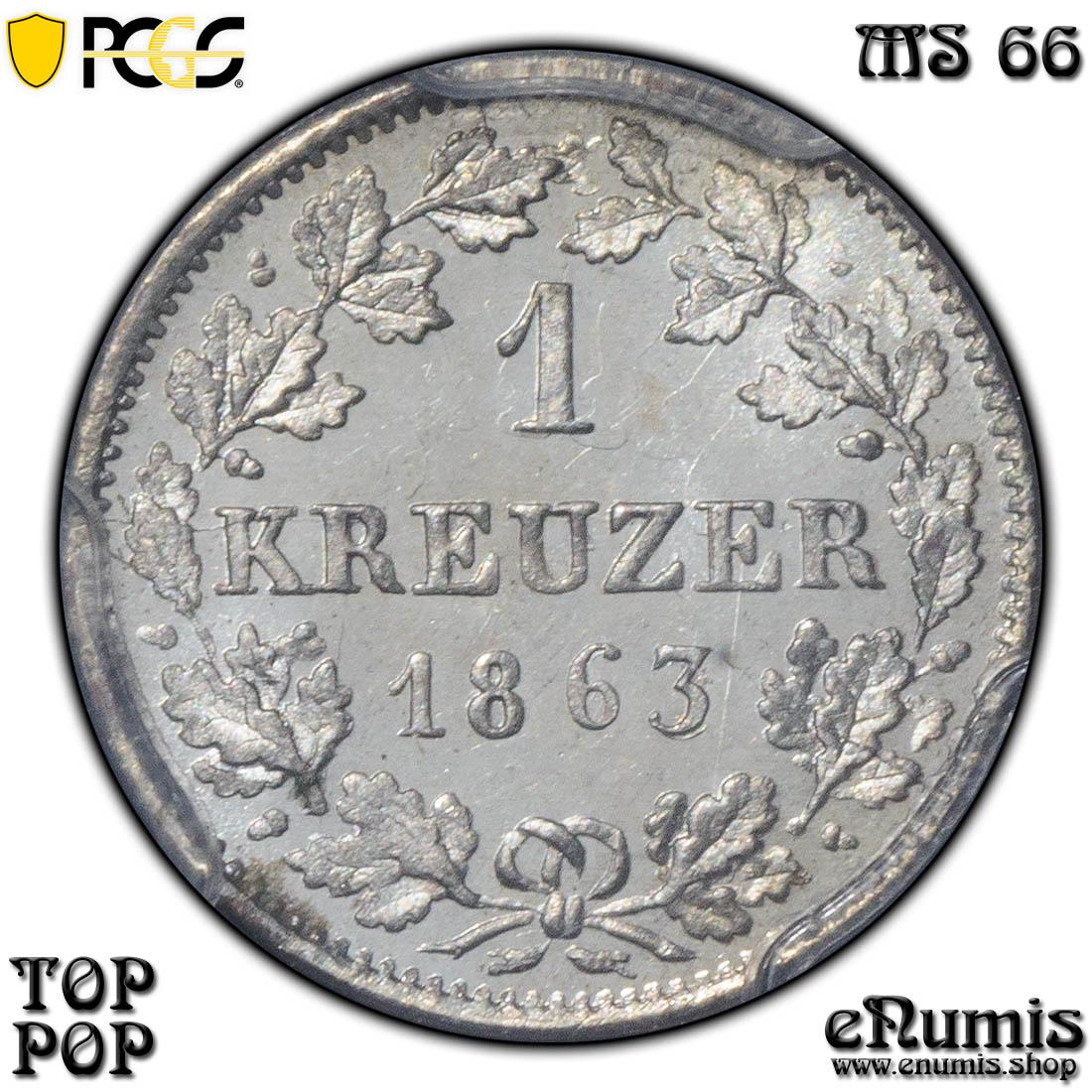 Germany, Hesse Darmstadt, Ludwig III, Kreuzer 1863, Top Pop, PCGS MS 66 Germany, Hesse Darmstadt, Ludwig III, Kreuzer 1863, Top Pop, PCGS MS 66