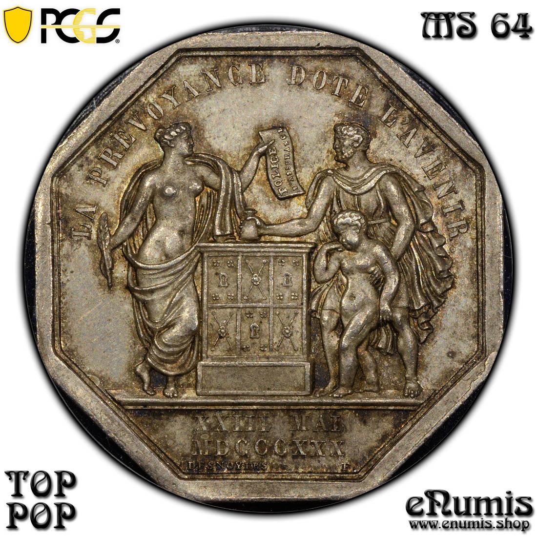 FRANCE, Octagonal Silver Jeton 1830, Compagnie d'Assurances, Top Pop, PCGS MS 64
