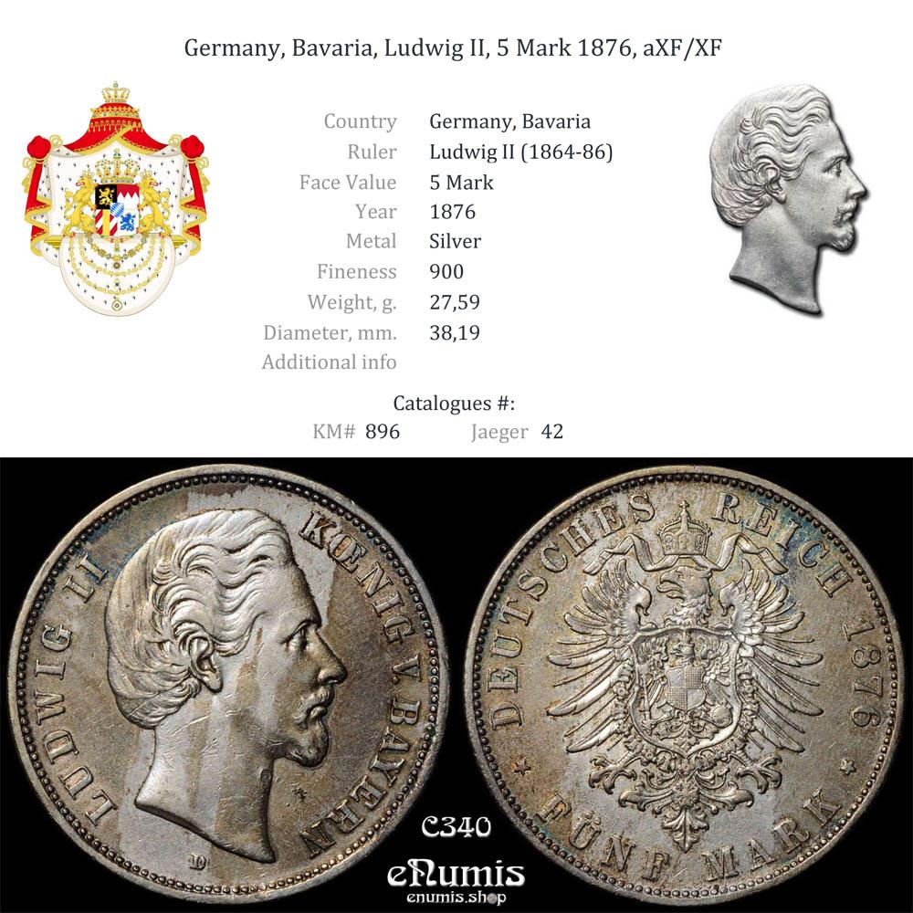 Germany, Bavaria, Ludwig II, 5 Mark 1876, aXF/XF