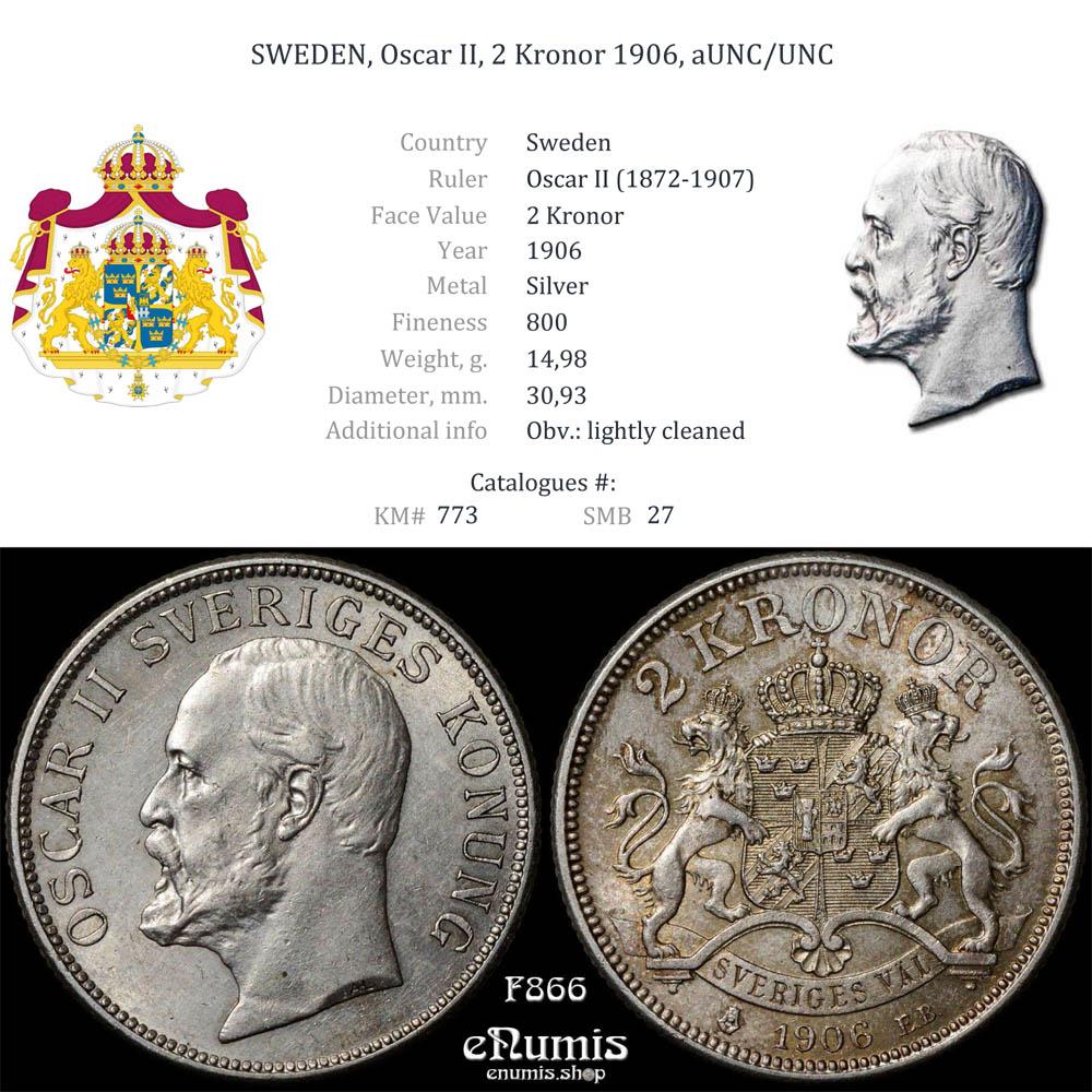 SWEDEN, Oscar II, 2 Kronor 1906, aUNC/UNC SWEDEN, Oscar II, 2 Kronor 1906, aUNC/UNC
