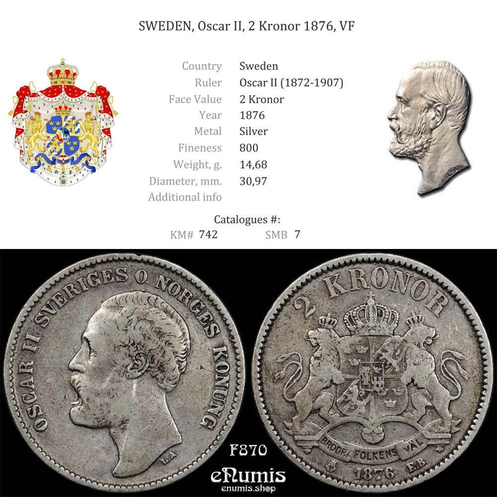 SWEDEN, Oscar II, 2 Kronor 1876, VF SWEDEN, Oscar II, 2 Kronor 1876, VF