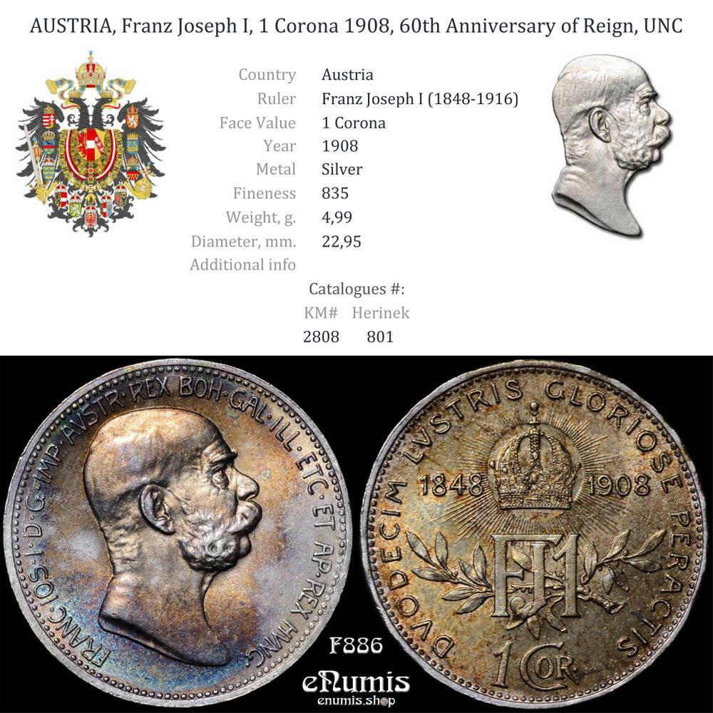 AUSTRIA, Franz Joseph I, 1 Corona 1908, 60th Anniversary of Reign, UNC