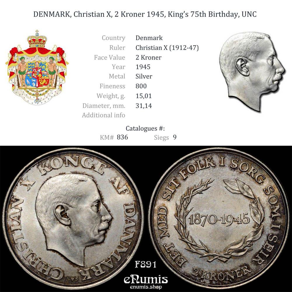 DENMARK, Christian X, 2 Kroner 1945, King’s 75th Birthday, UNC DENMARK, Christian X, 2 Kroner 1945, King’s 75th Birthday, UNC