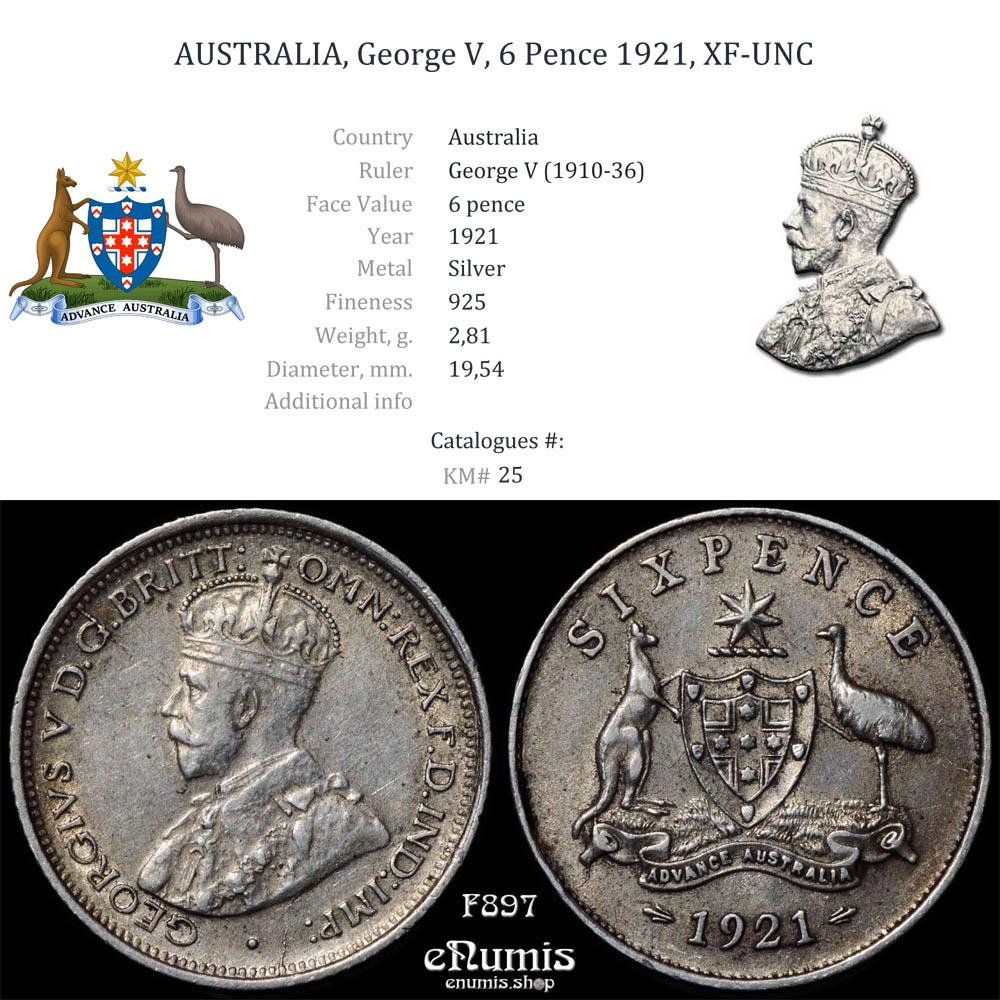 AUSTRALIA, George V, 6 Pence 1921, XF-UNC