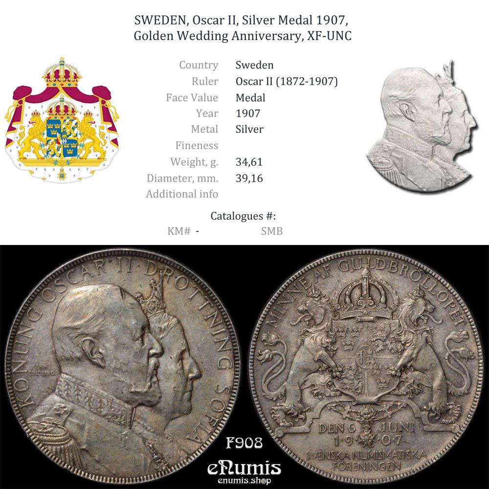 SWEDEN, Oscar II, Silver Medal 1907, Golden Wedding Anniversary, XF-UNC SWEDEN, Oscar II, Silver Medal 1907, Golden Wedding Anniversary, XF-UNC