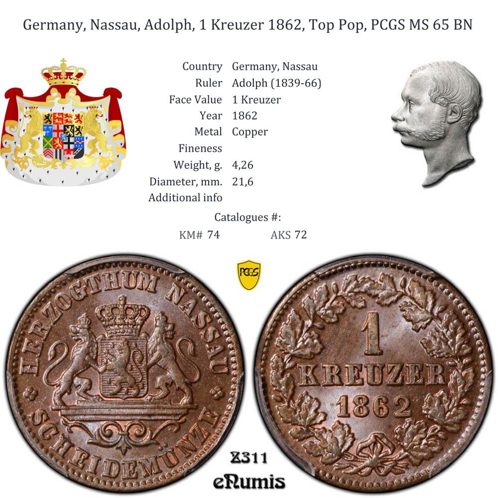 Germany, Nassau, Adolph, 1 Kreuzer 1862, Top Pop, PCGS MS 65 BN