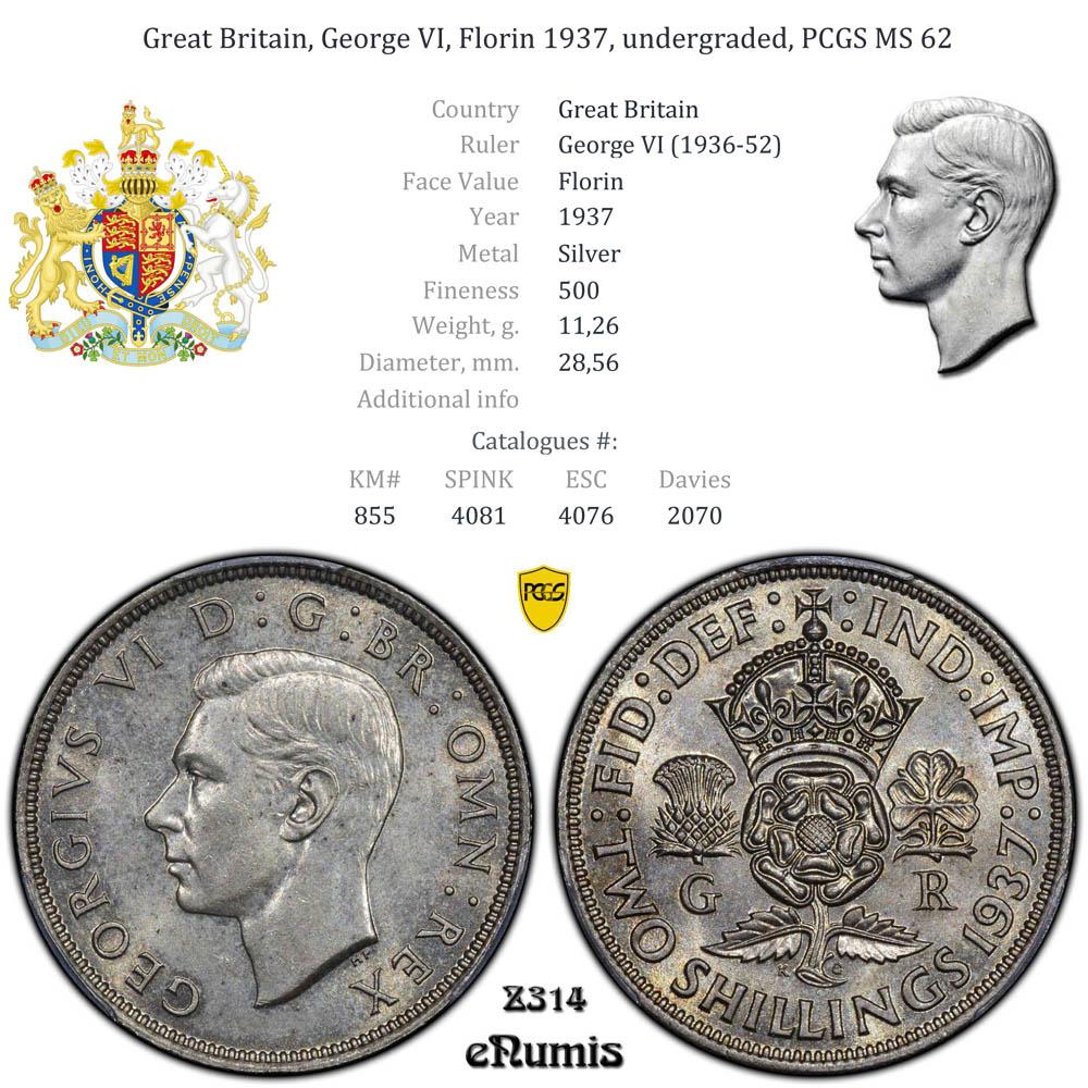 Great Britain, George VI, Florin 1937, undergraded, PCGS MS 62