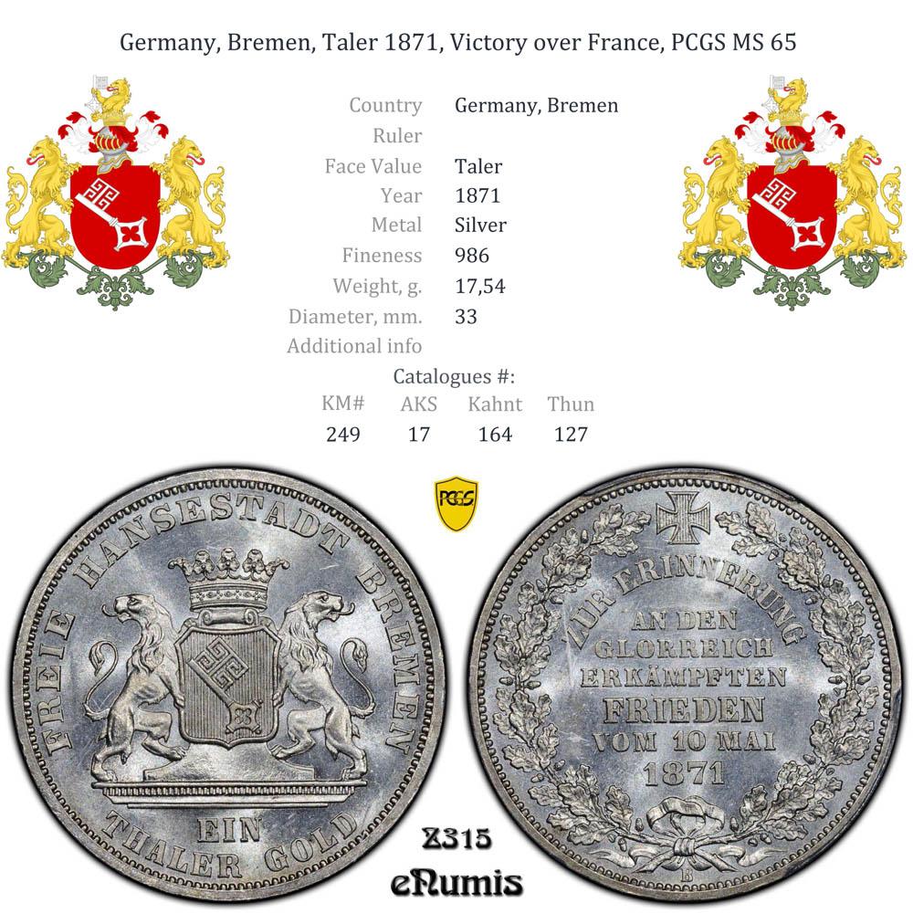 Germany, Bremen, Taler 1871, Victory over France, PCGS MS 65